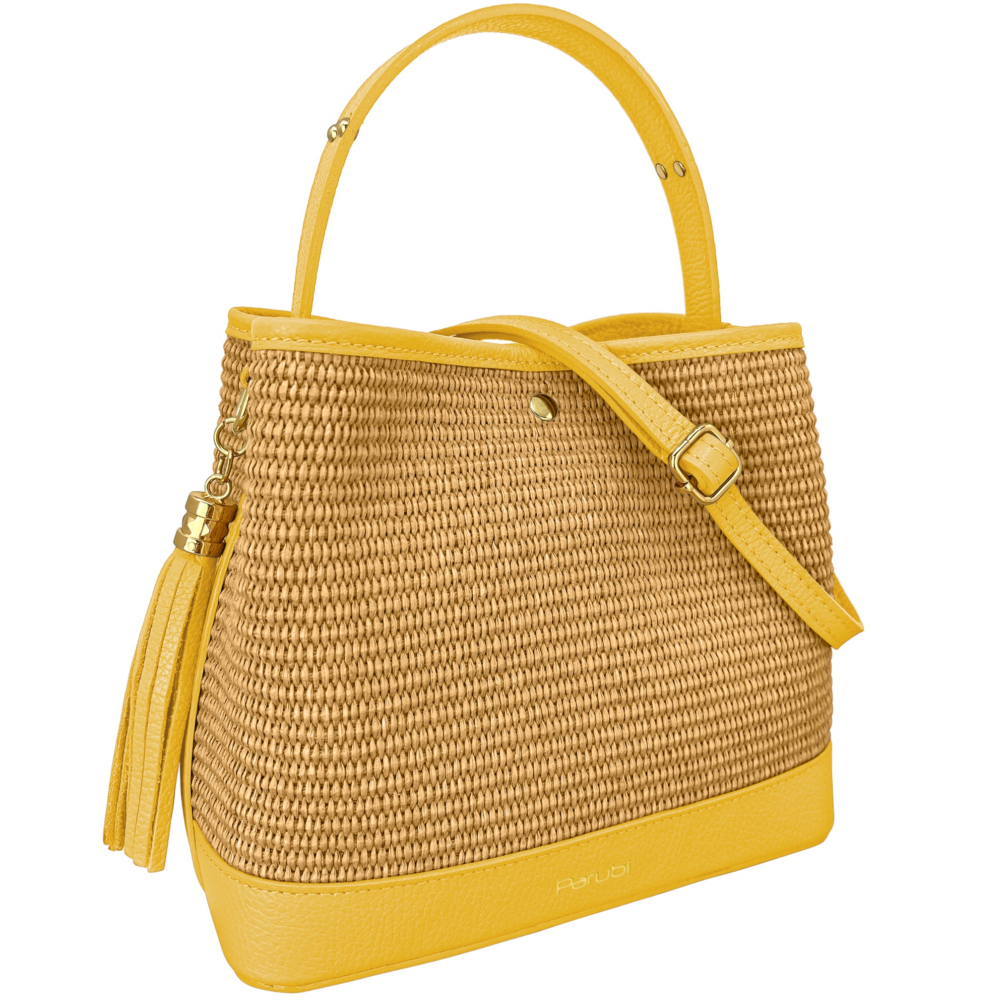 Borsa Secchiello Donna a Mano con Tracolla, In Vera Pelle e Rafia Naturale, Made in Italy, Modello Elide