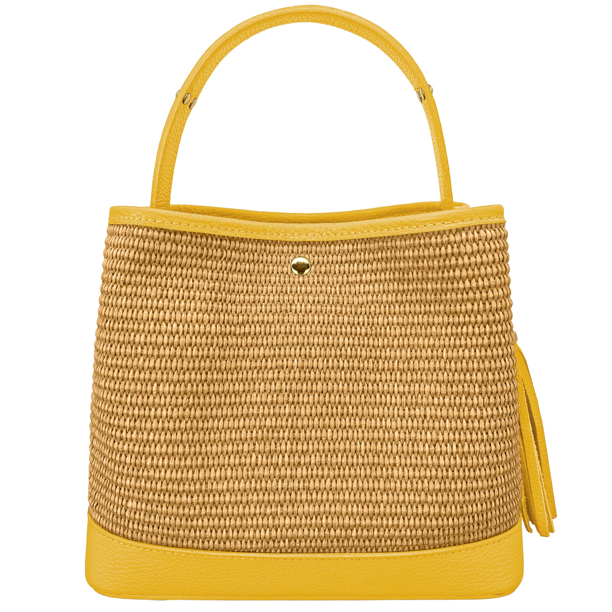 Borsa Secchiello Donna a Mano con Tracolla, In Vera Pelle e Rafia Naturale, Made in Italy, Modello Elide