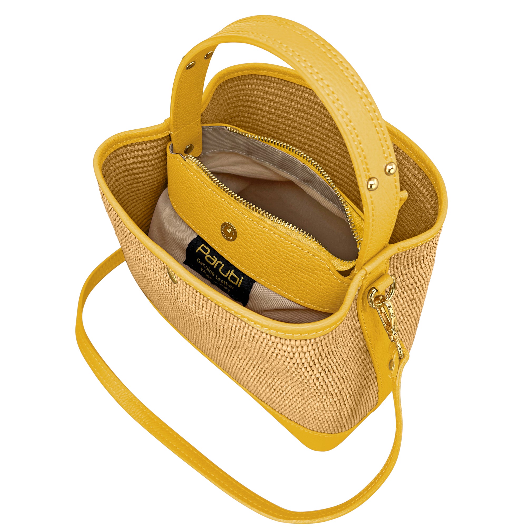Borsa Secchiello Donna a Mano con Tracolla, In Vera Pelle e Rafia Naturale, Made in Italy, Modello Elide