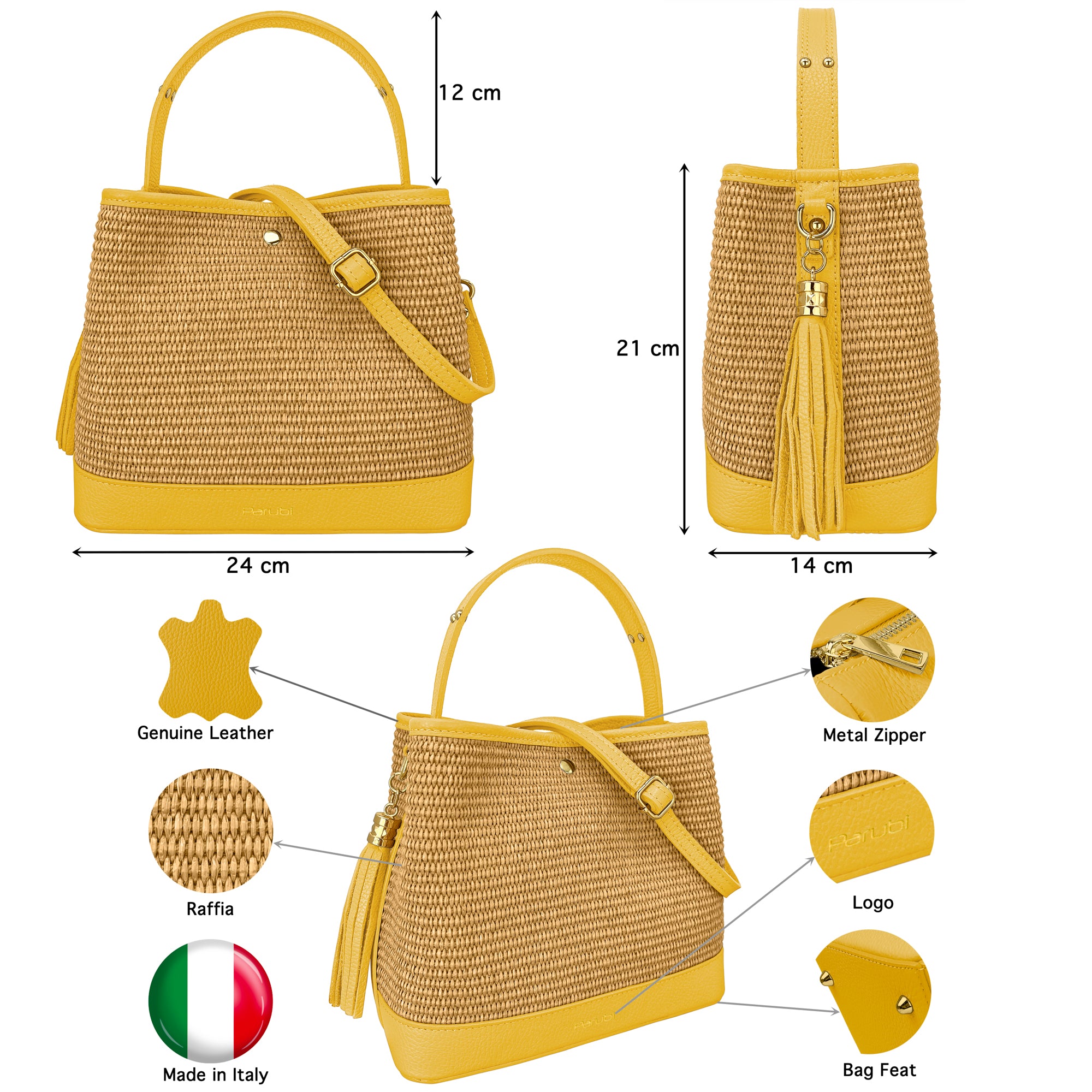 Borsa Secchiello Donna a Mano con Tracolla, In Vera Pelle e Rafia Naturale, Made in Italy, Modello Elide
