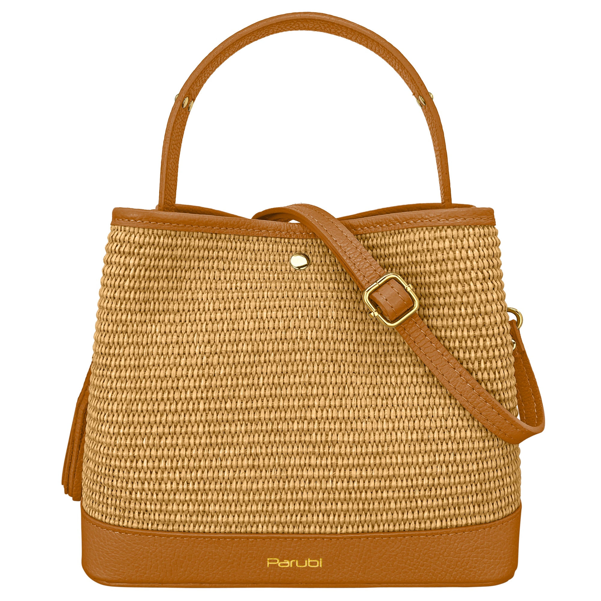 Borsa Secchiello Donna a Mano con Tracolla, In Vera Pelle e Rafia Naturale, Made in Italy, Modello Elide Cuoio