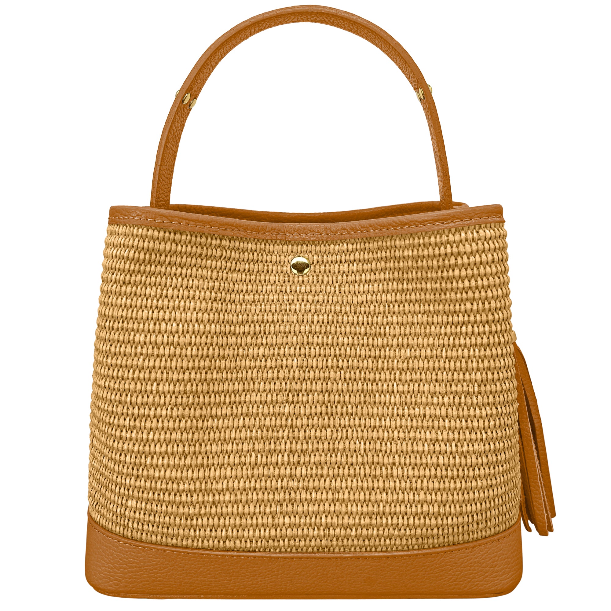 Borsa Secchiello Donna a Mano con Tracolla, In Vera Pelle e Rafia Naturale, Made in Italy, Modello Elide