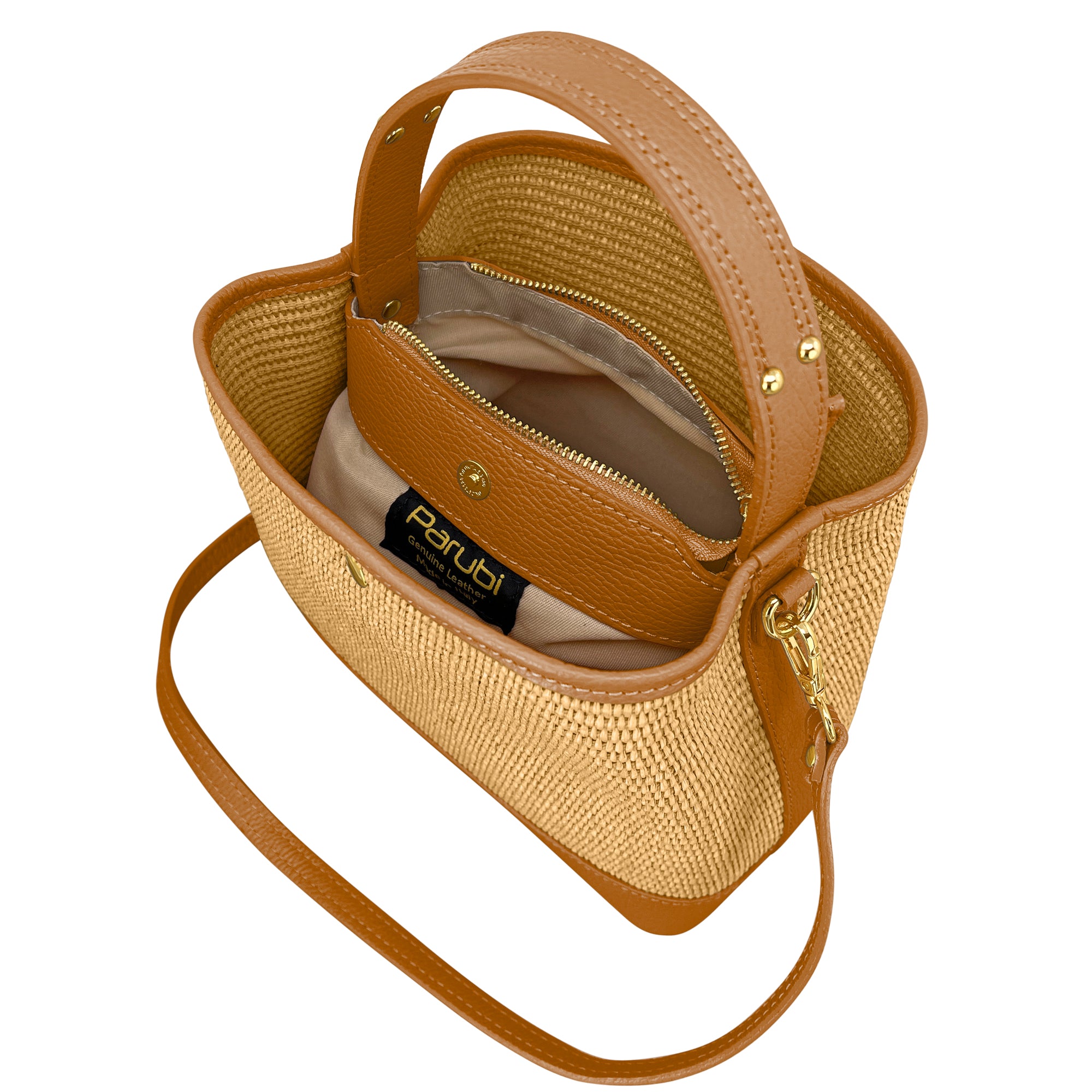 Borsa Secchiello Donna a Mano con Tracolla, In Vera Pelle e Rafia Naturale, Made in Italy, Modello Elide