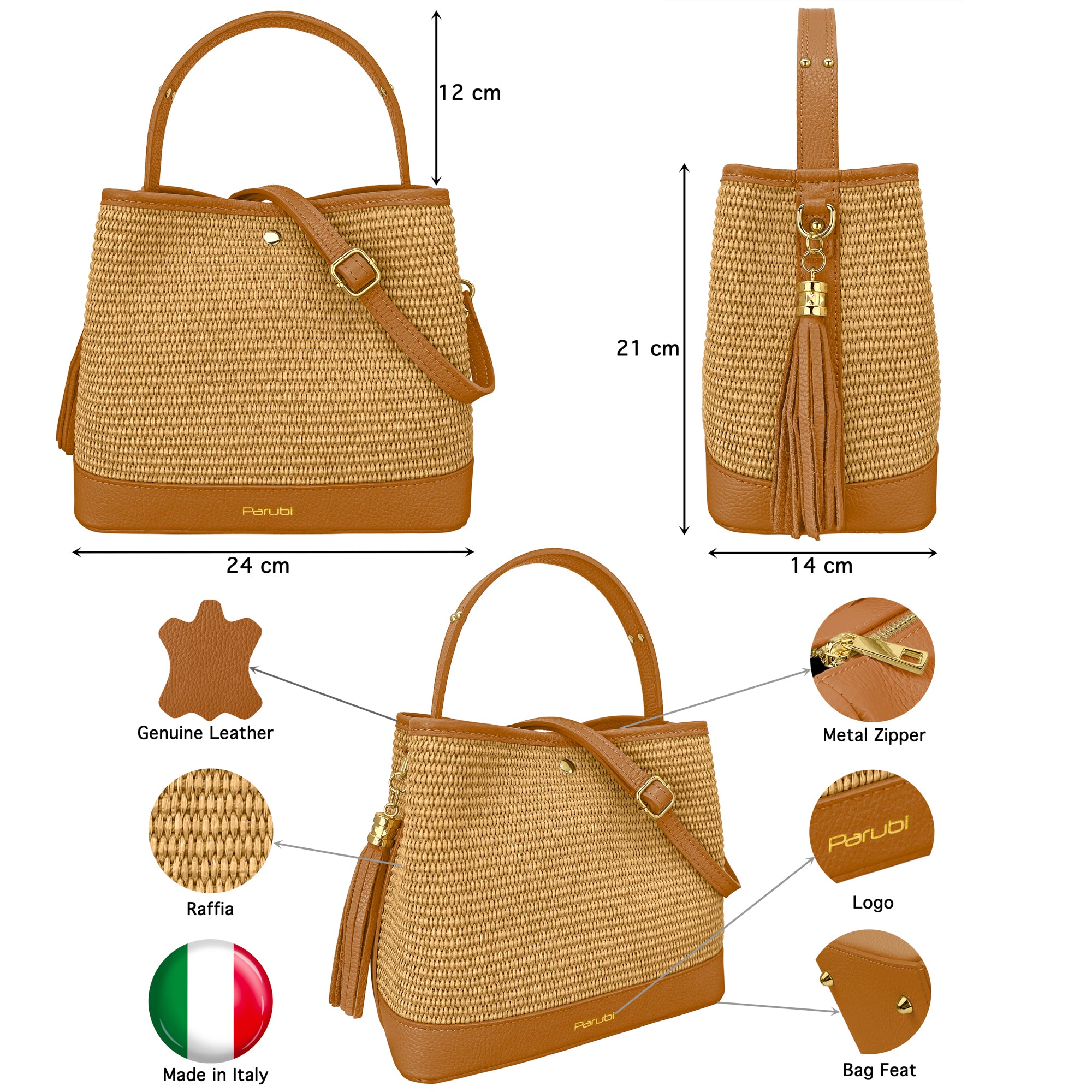 Borsa Secchiello Donna a Mano con Tracolla, In Vera Pelle e Rafia Naturale, Made in Italy, Modello Elide