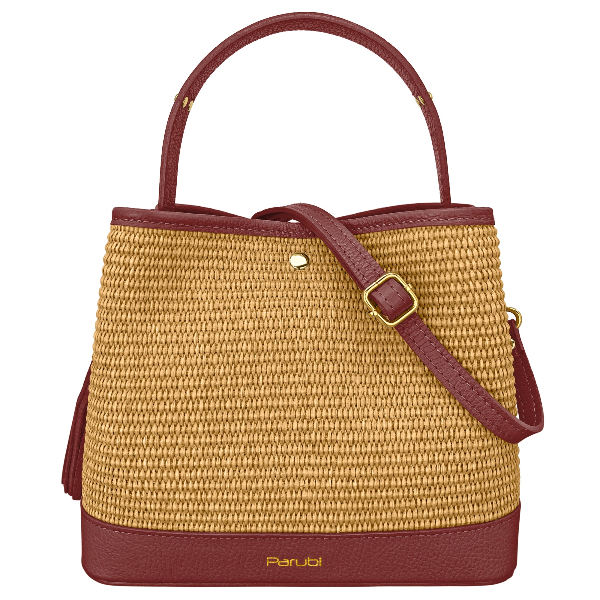 Borsa Secchiello Donna a Mano con Tracolla, In Vera Pelle e Rafia Naturale, Made in Italy, Modello Elide Bordeaux