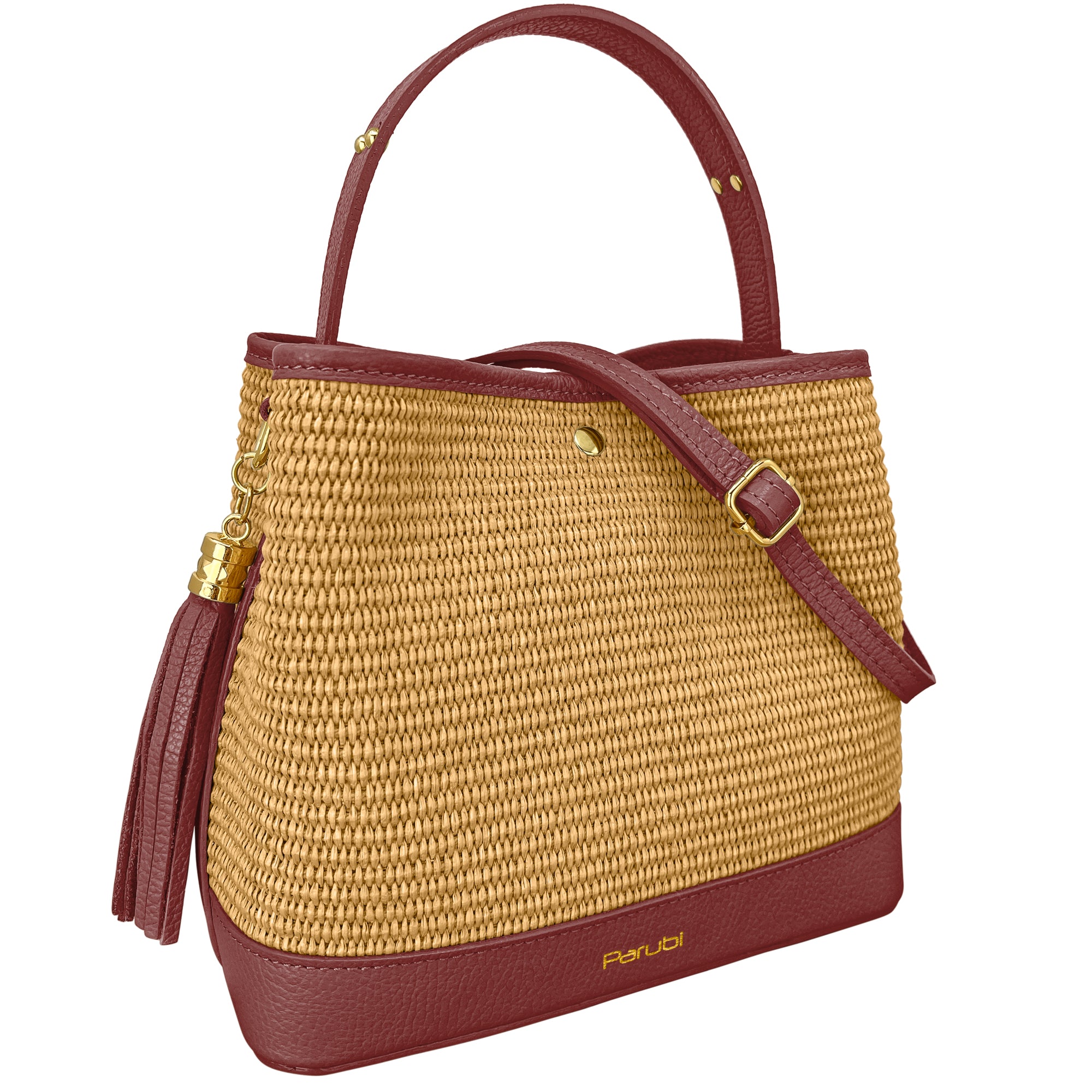 Borsa Secchiello Donna a Mano con Tracolla, In Vera Pelle e Rafia Naturale, Made in Italy, Modello Elide