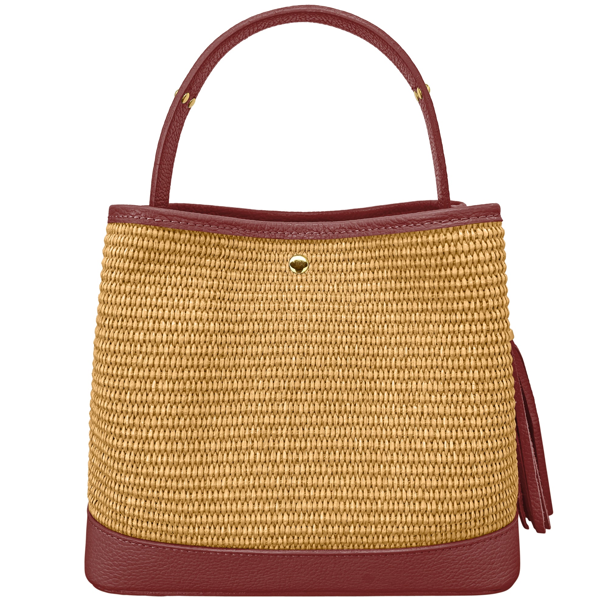 Borsa Secchiello Donna a Mano con Tracolla, In Vera Pelle e Rafia Naturale, Made in Italy, Modello Elide