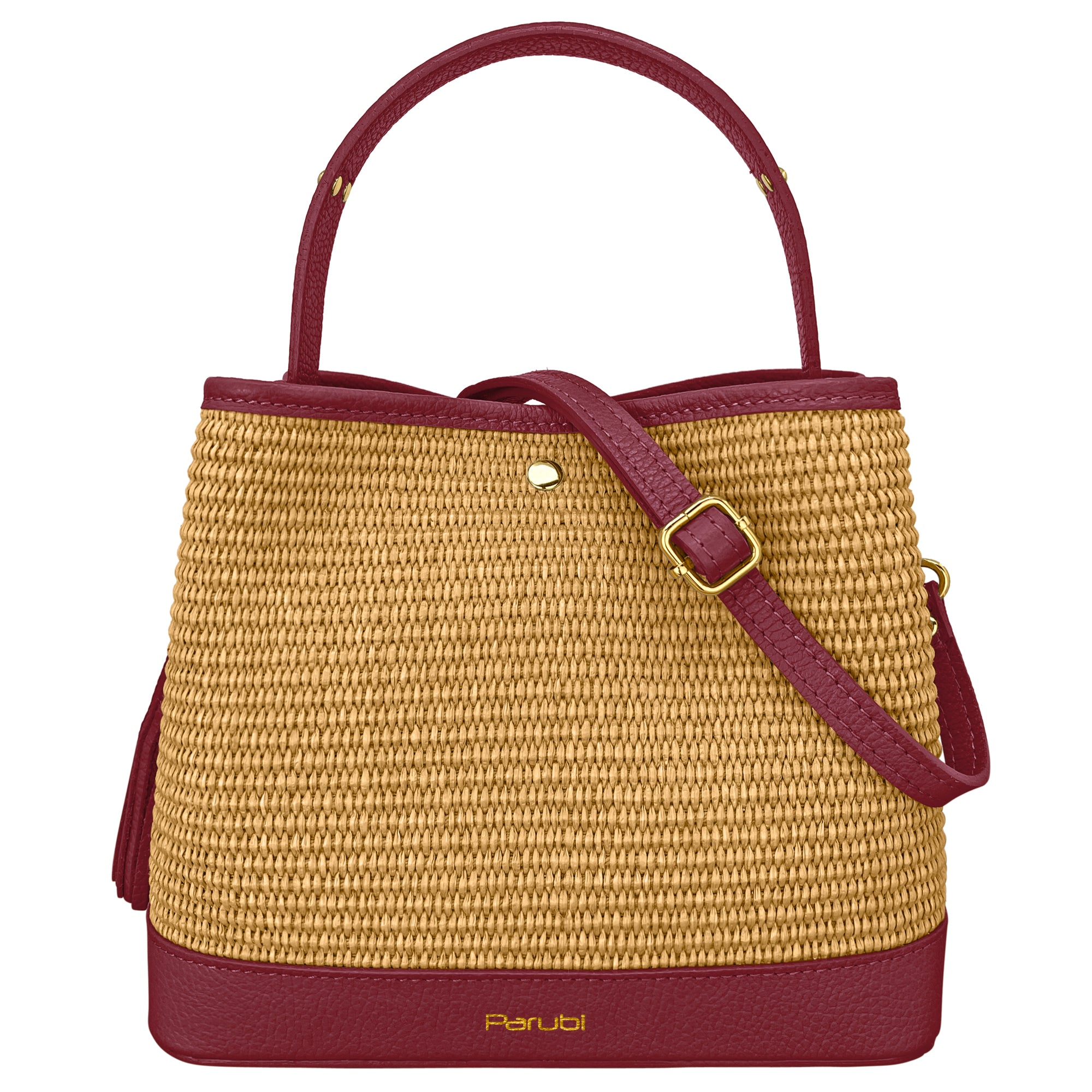 Borsa Secchiello Donna a Mano con Tracolla, In Vera Pelle e Rafia Naturale, Made in Italy, Modello Elide Porpora