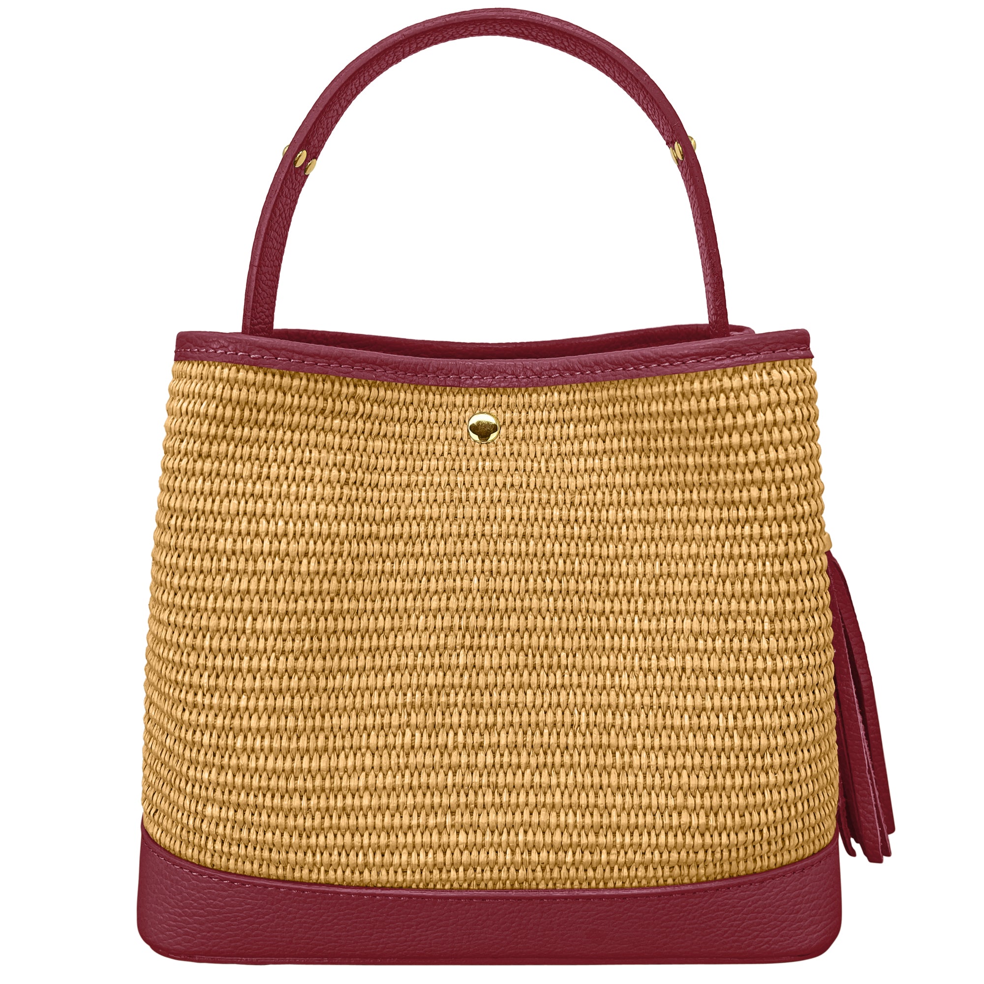 Borsa Secchiello Donna a Mano con Tracolla, In Vera Pelle e Rafia Naturale, Made in Italy, Modello Elide