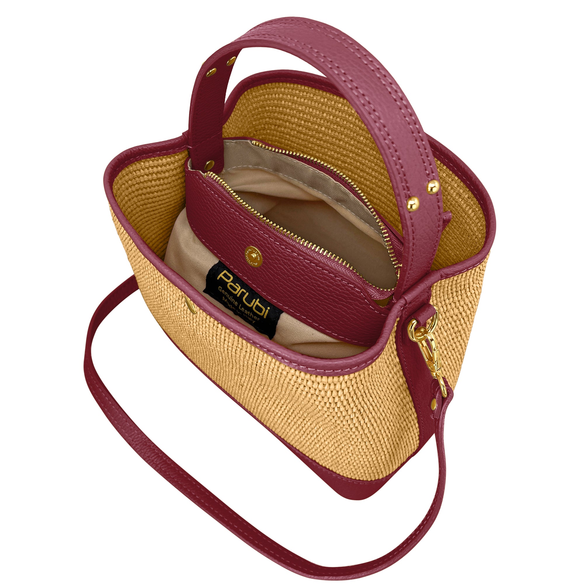 Borsa Secchiello Donna a Mano con Tracolla, In Vera Pelle e Rafia Naturale, Made in Italy, Modello Elide