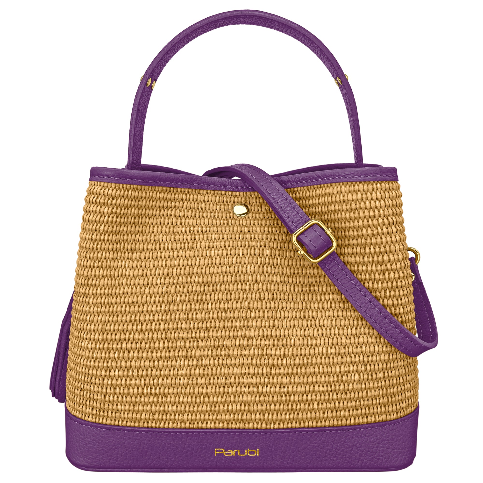 Borsa Secchiello Donna a Mano con Tracolla, In Vera Pelle e Rafia Naturale, Made in Italy, Modello Elide Viola