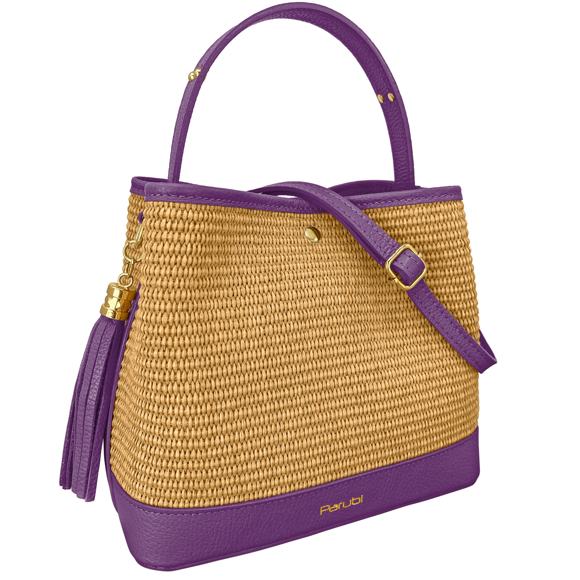 Borsa Secchiello Donna a Mano con Tracolla, In Vera Pelle e Rafia Naturale, Made in Italy, Modello Elide