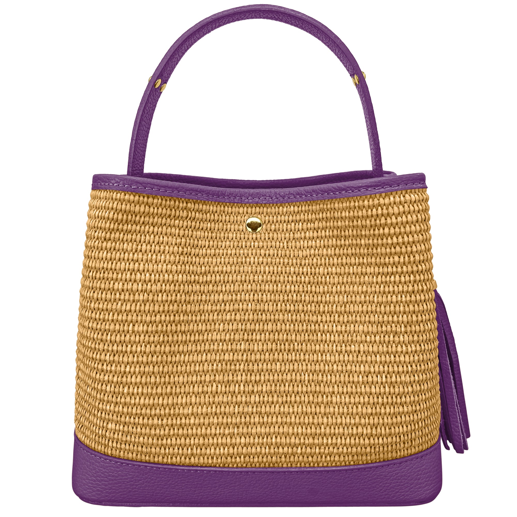 Borsa Secchiello Donna a Mano con Tracolla, In Vera Pelle e Rafia Naturale, Made in Italy, Modello Elide