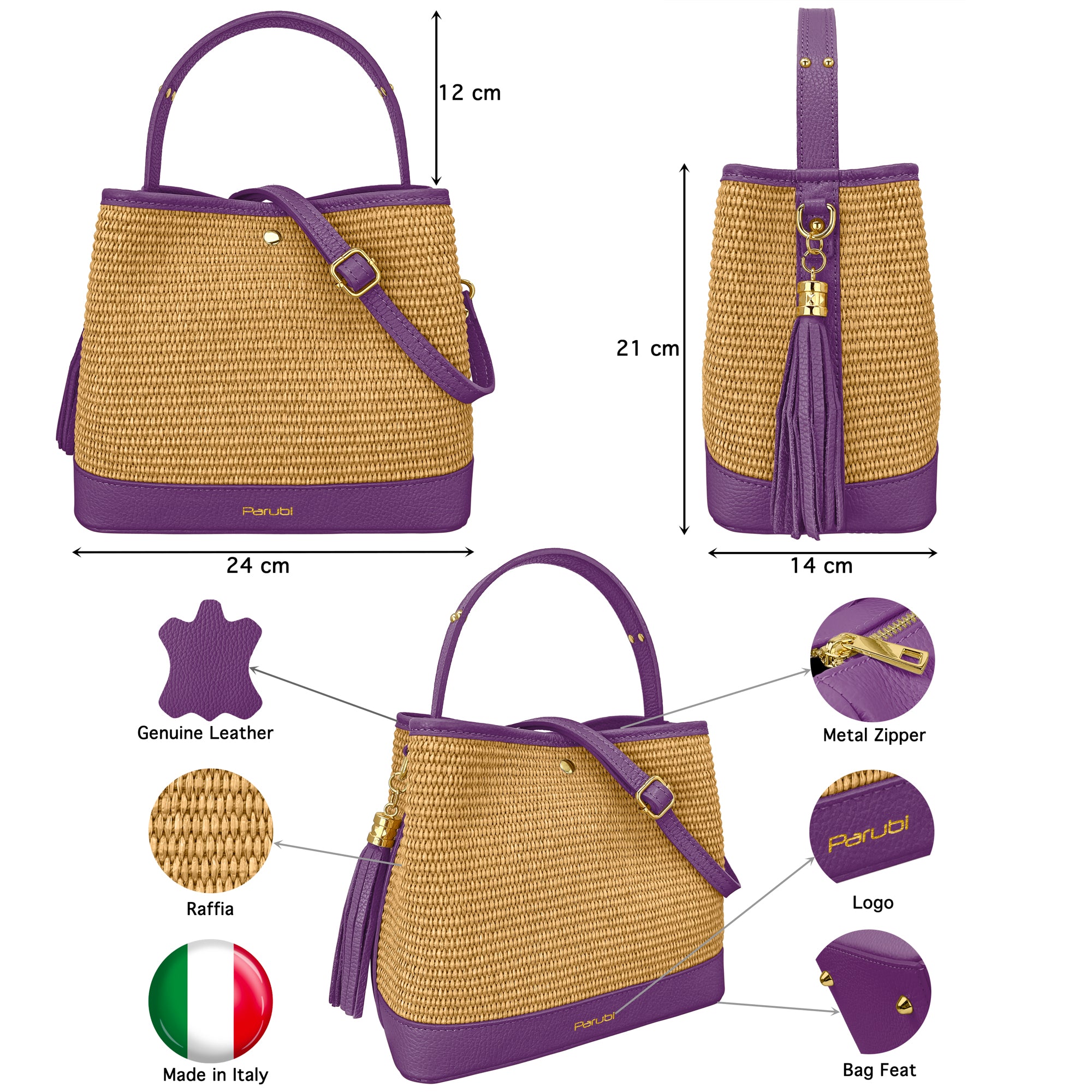 Borsa Secchiello Donna a Mano con Tracolla, In Vera Pelle e Rafia Naturale, Made in Italy, Modello Elide
