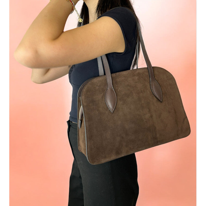 Borsa Donna a Spalla con Tracolla, In Vera Pelle Scamosciata, Made in Italy, Modello Brigitte