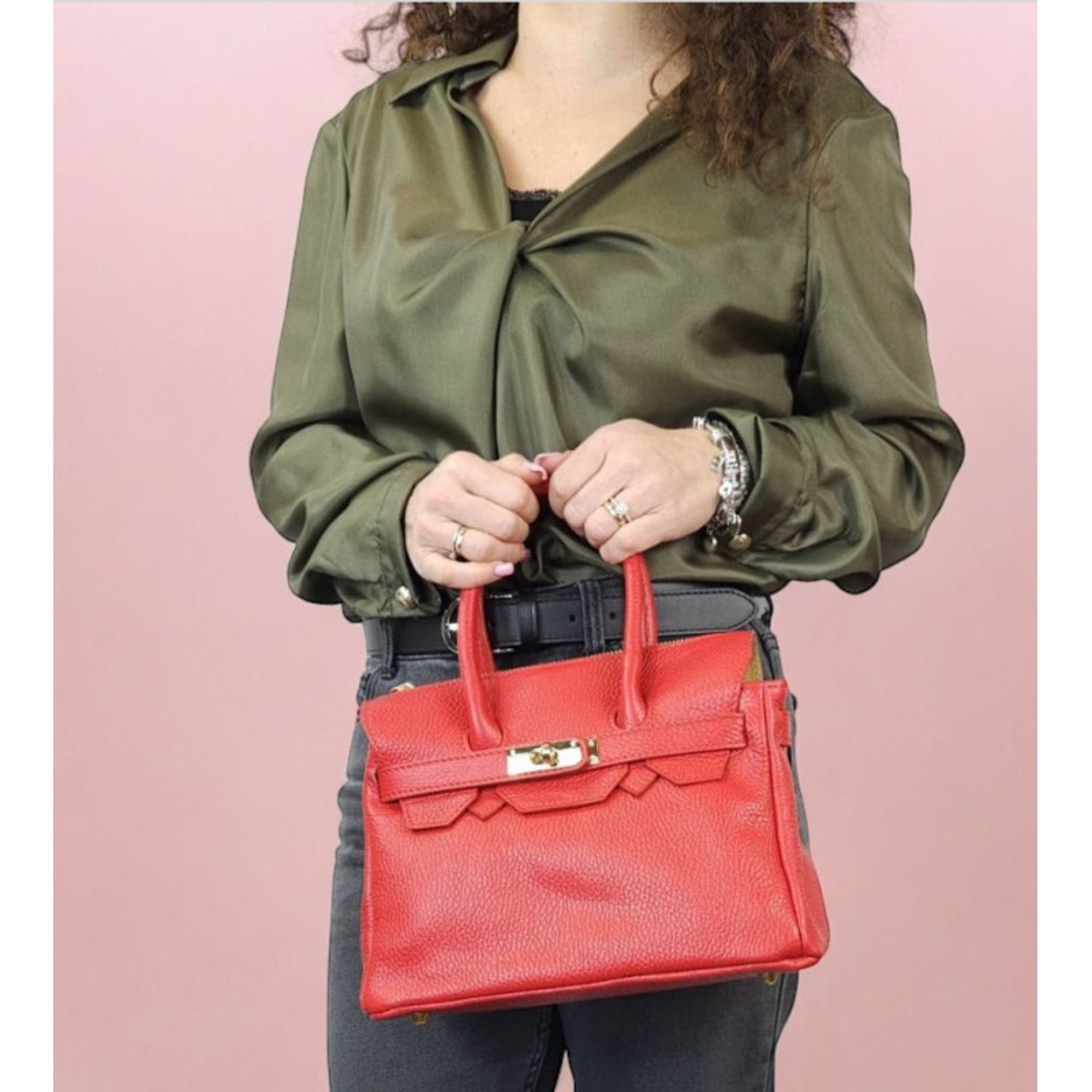 Borsa Donna a Mano con Tracolla, In Vera Pelle, Made in Italy, Modello Diamante Mini