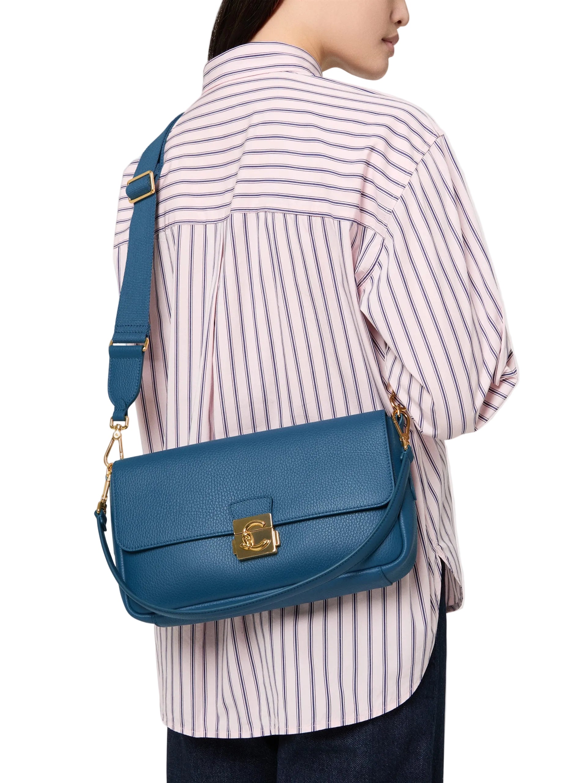 Coccinelle Sac à Bandoulière Véritable Cuir Femme Bleu Fermeture à Pression