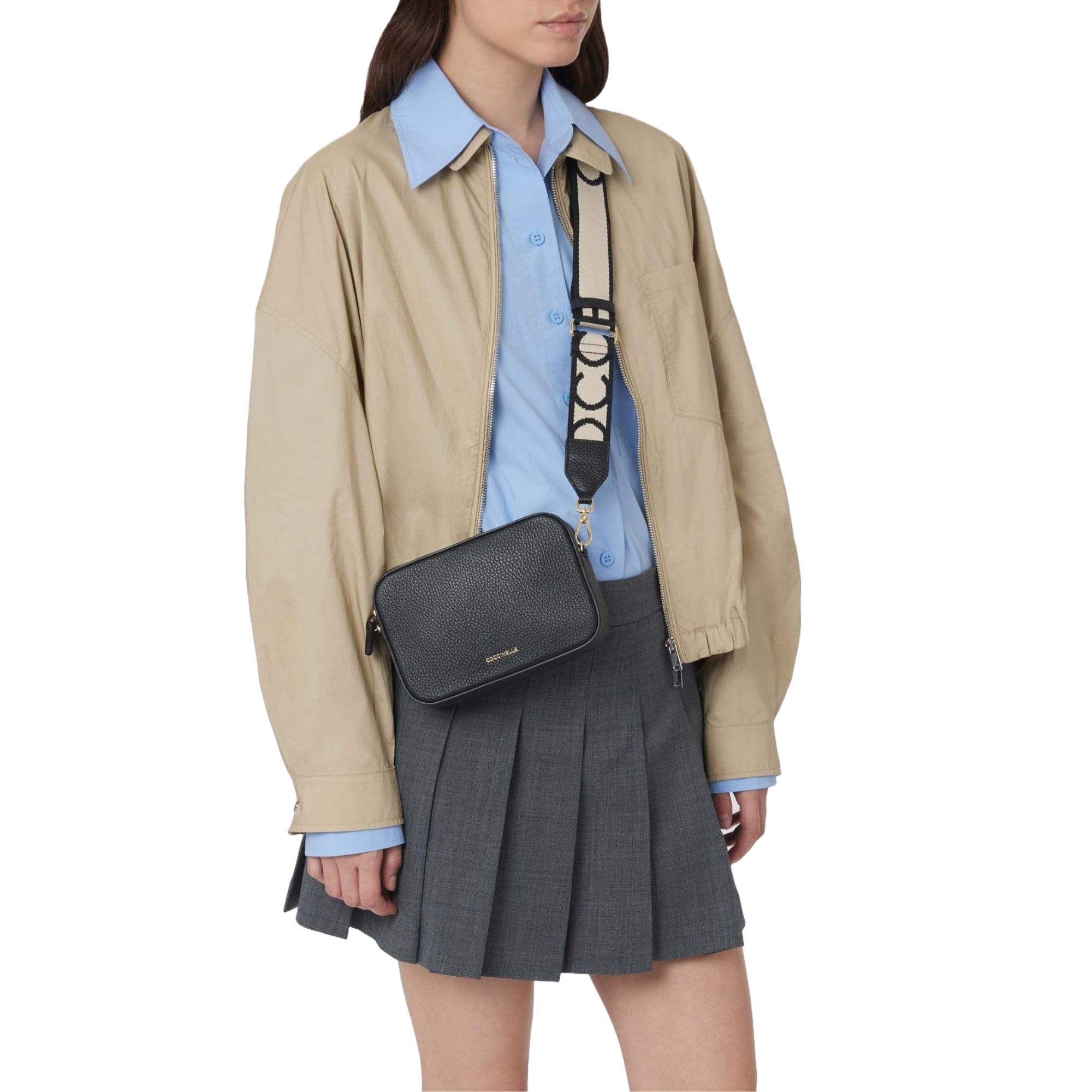 Bolso de Mujer Coccinelle Negro, Bandolera en Cuero Genuino, Tebe Mini