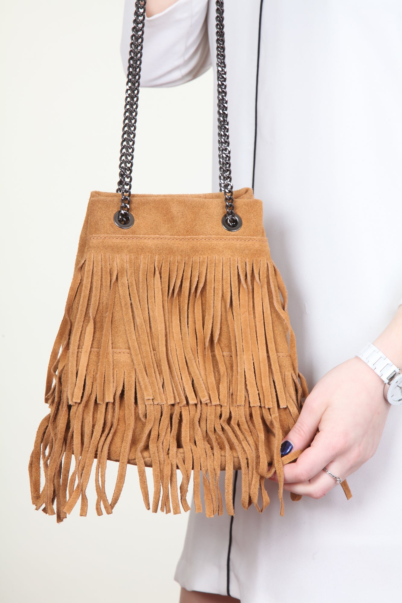 Borsa Secchiello Donna a Spalla e Tracolla, In Vera Pelle Scamosciata, Made in Italy, Modello Nives