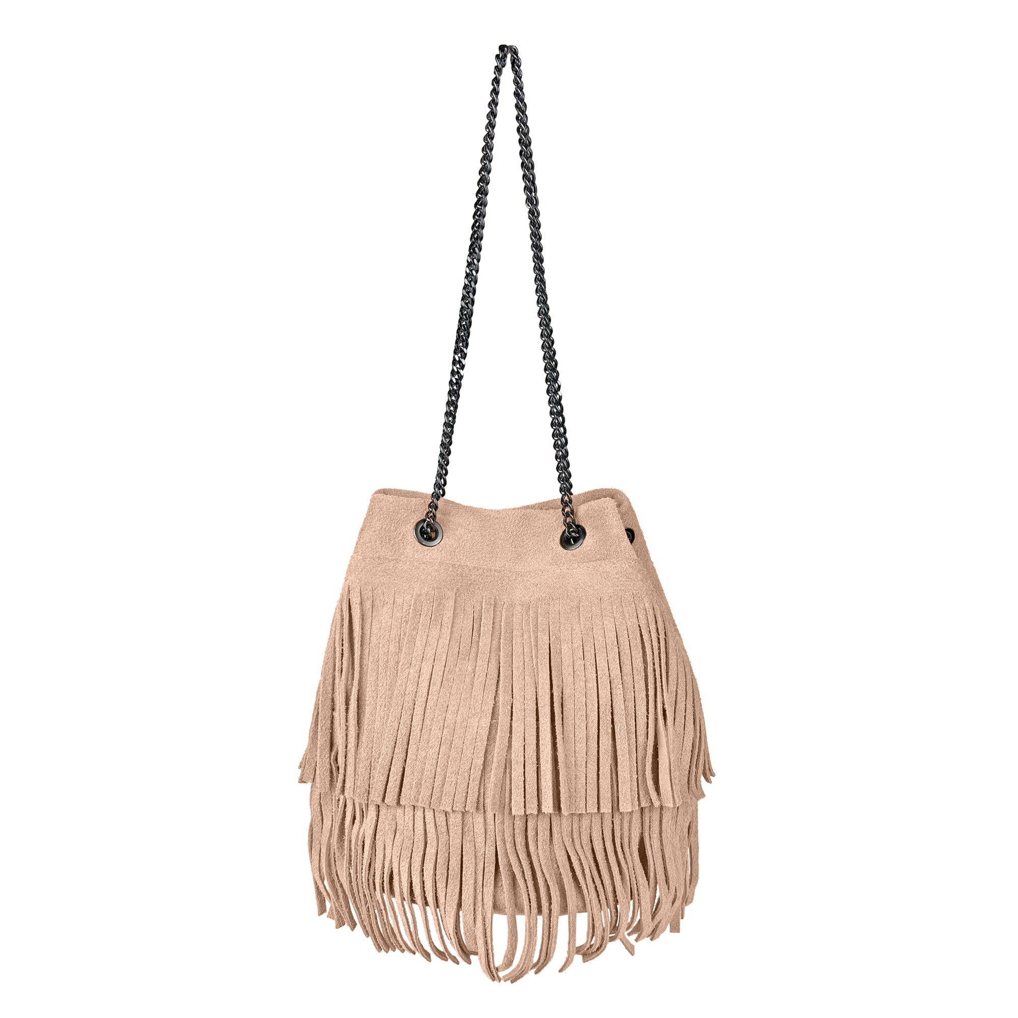 Borsa Secchiello Donna a Spalla e Tracolla, In Vera Pelle Scamosciata, Made in Italy, Modello Nives Rosa Cipria