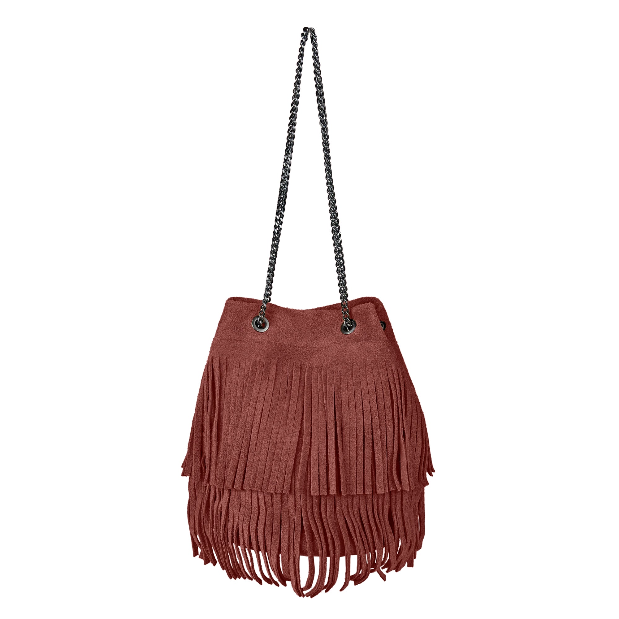 Borsa Secchiello Donna a Spalla e Tracolla, In Vera Pelle Scamosciata, Made in Italy, Modello Nives Bordeaux