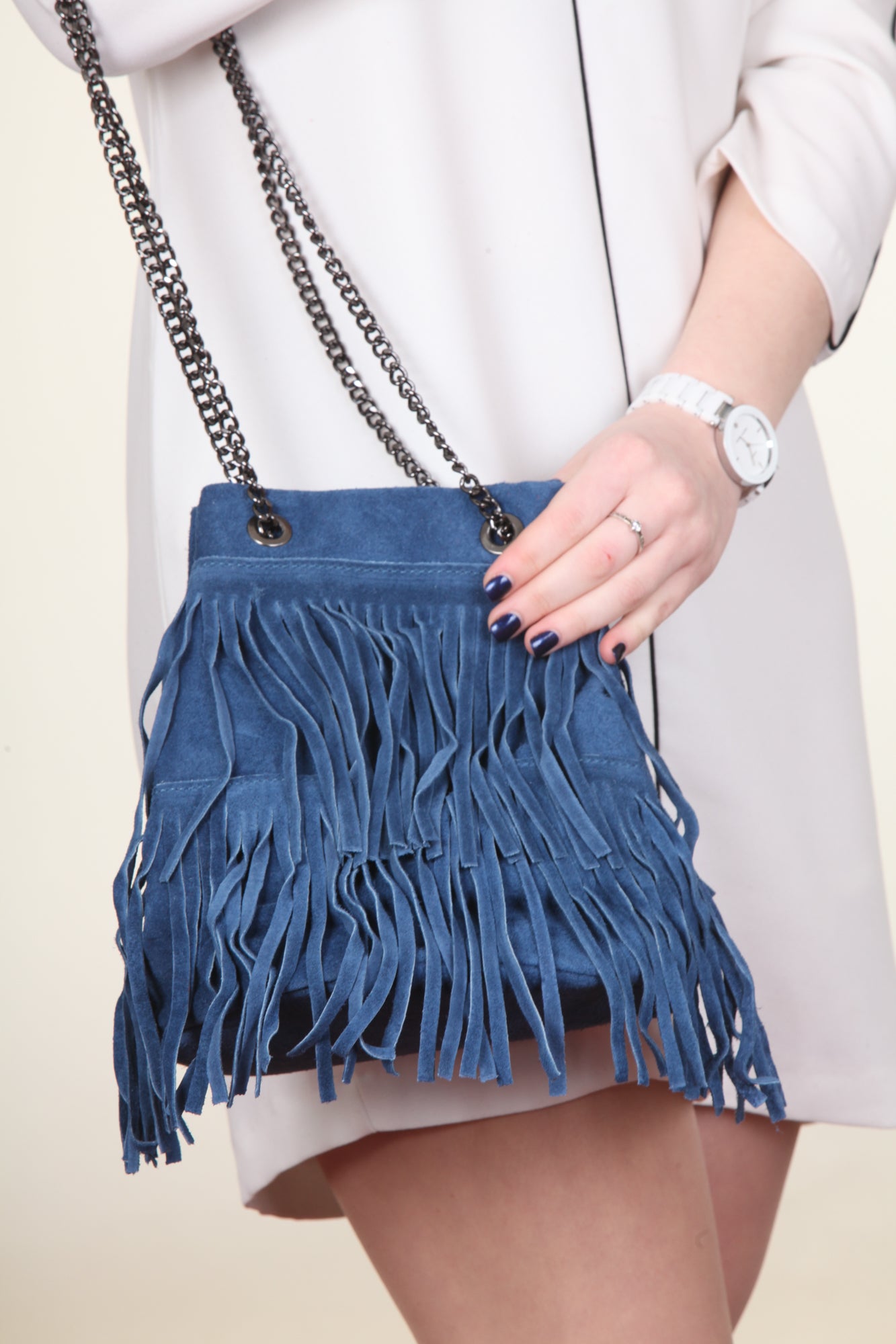 Borsa Secchiello Donna a Spalla e Tracolla, In Vera Pelle Scamosciata, Made in Italy, Modello Nives