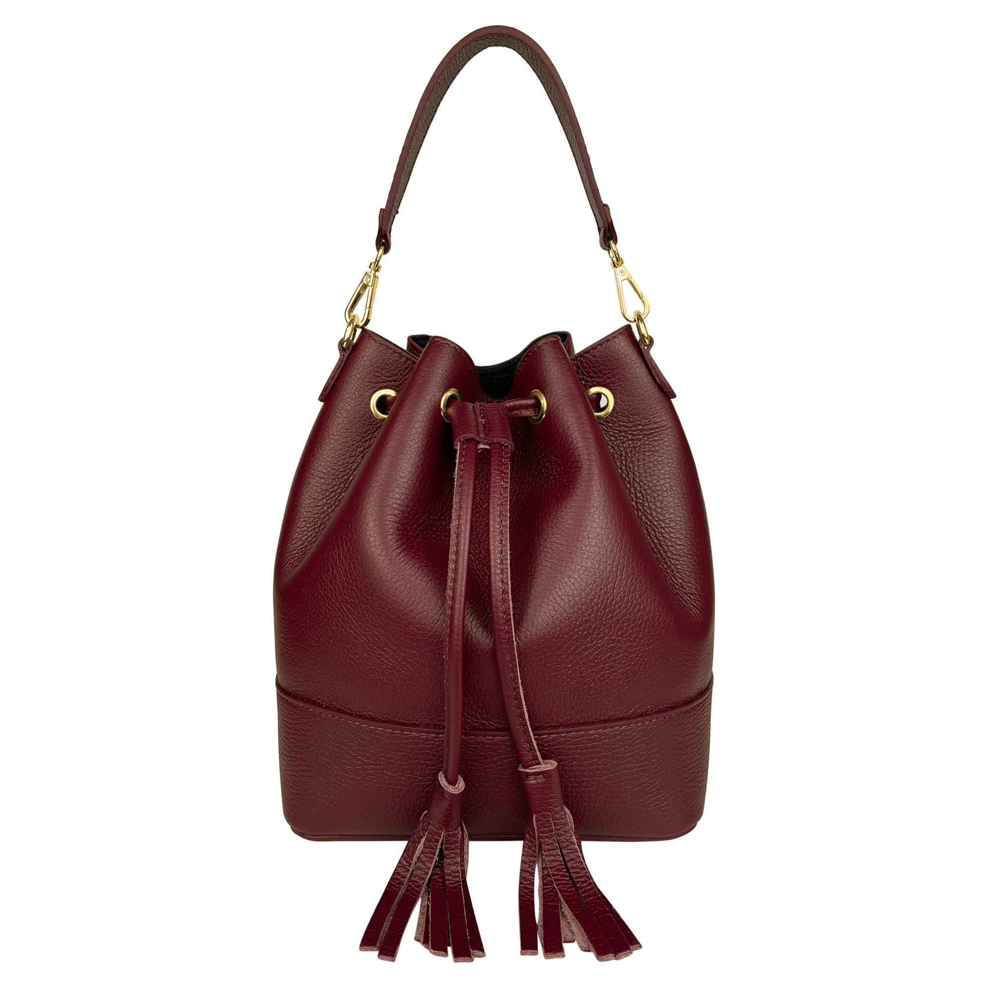 Borsa Secchiello Donna a Mano con Tracolla, In Vera Pelle, Made in Italy, Modello Violet Bordeaux