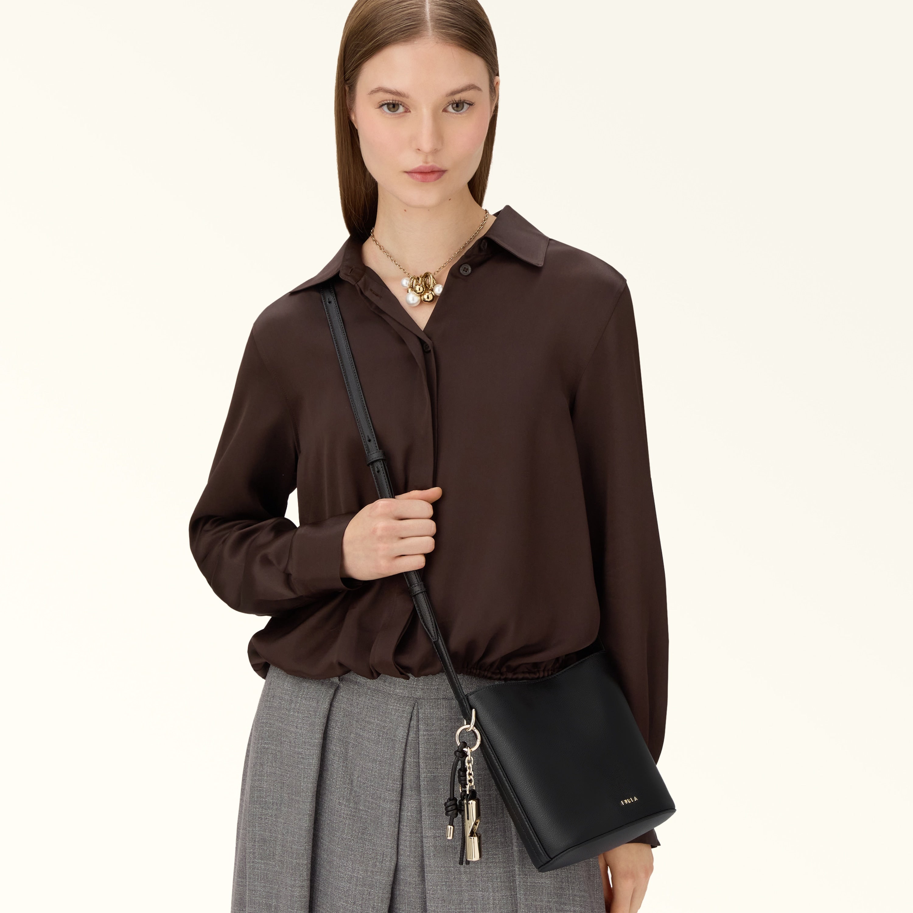 Furla Borsa Donna Nera Tracolla Pelle Roxie Bucket Logo