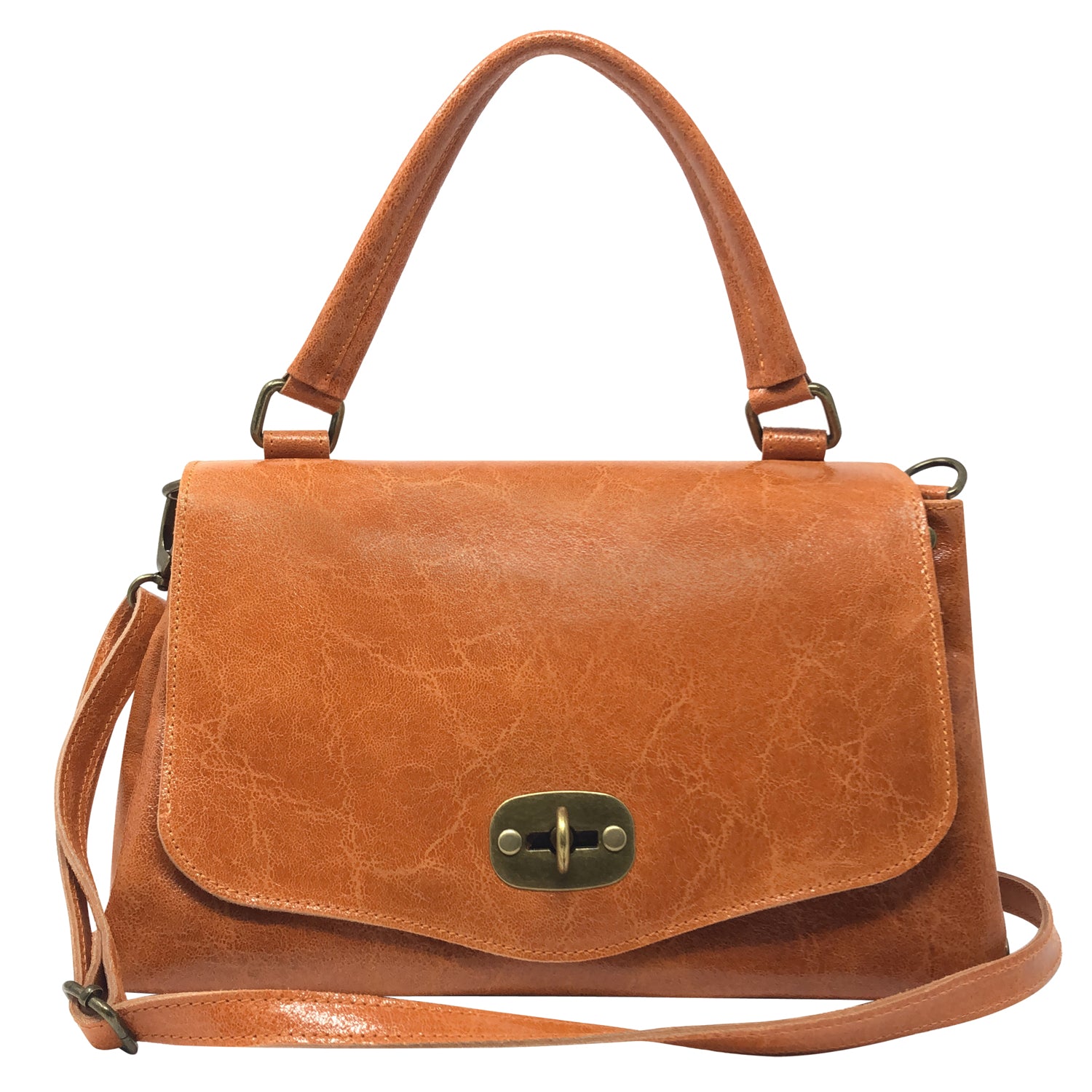 Borsa Donna a Mano con Tracolla, In Vera Pelle Laminata, Made in Italy, Modello Zoe Arancione