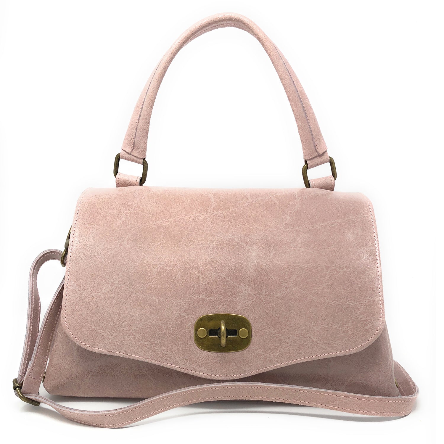Borsa Donna a Mano con Tracolla, In Vera Pelle Laminata, Made in Italy, Modello Zoe Rosa Cipria