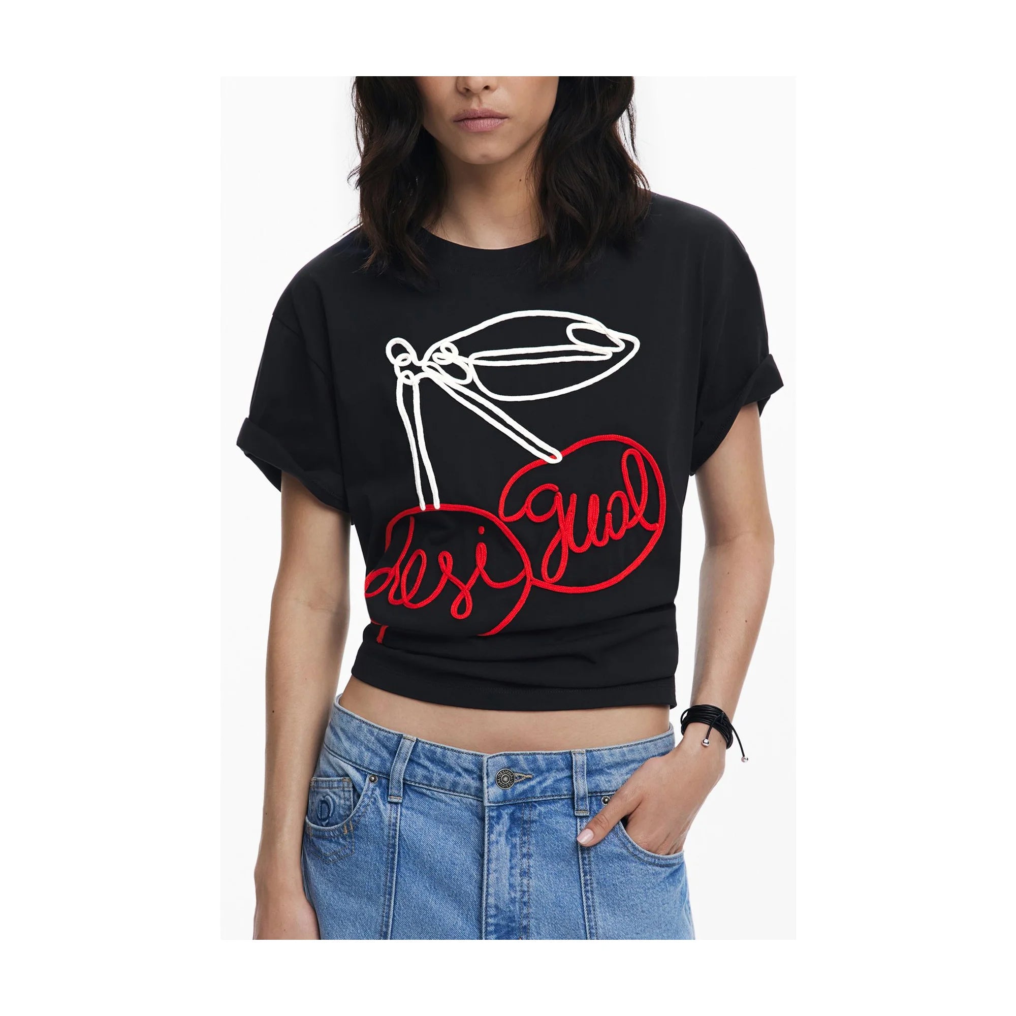 DESIGUAL T-SHIRT MANICHE CORTE DONNA NERO