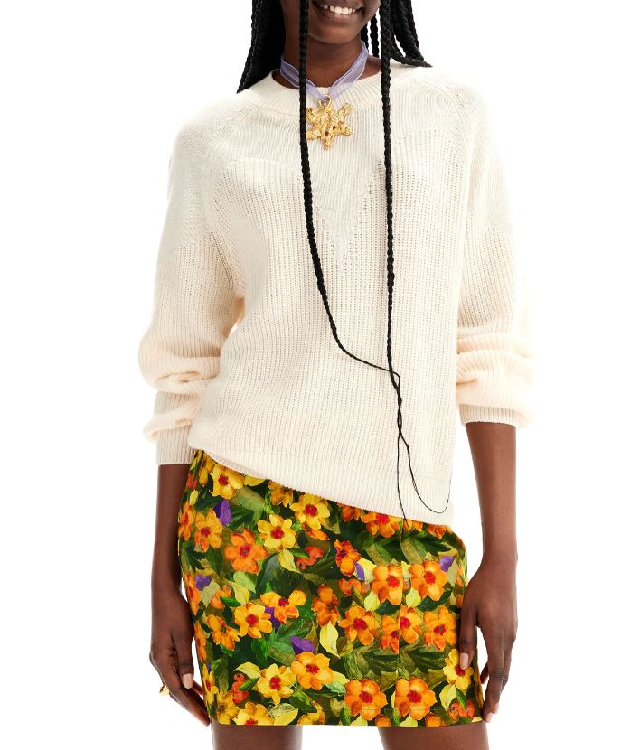 Desigual Maglione Donna Bianco a Collo Alto con Dettagli a Contrasto