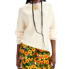 Desigual Pull Femme Blanc Col Montant avec Détails Contrastés