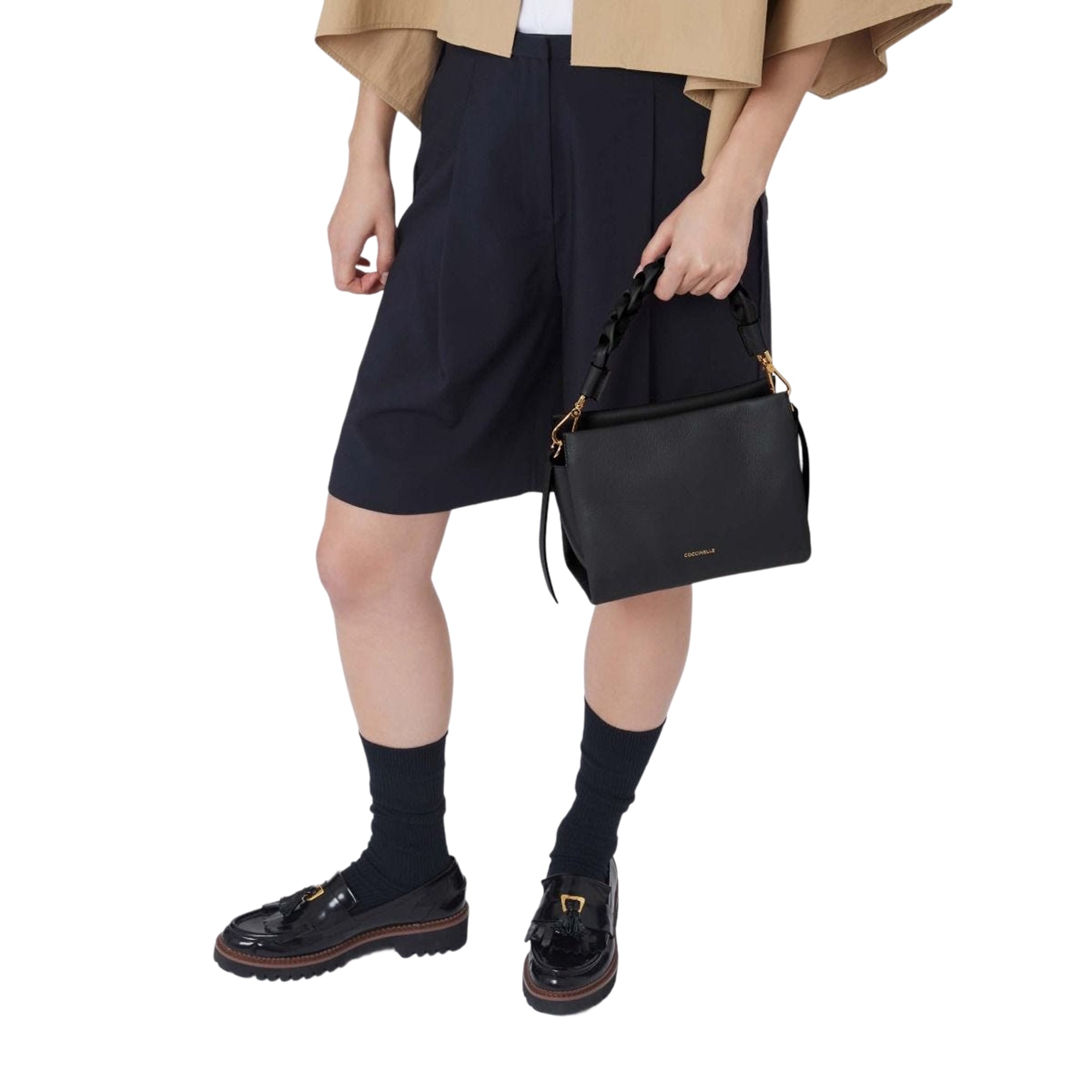 Sac à main pour femme Coccinelle avec bandoulière noire, en cuir véritable, Boheme Small