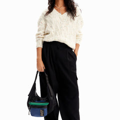 Desigual Pulôver Feminino Branco com Decote em V e Detalhes em Contraste