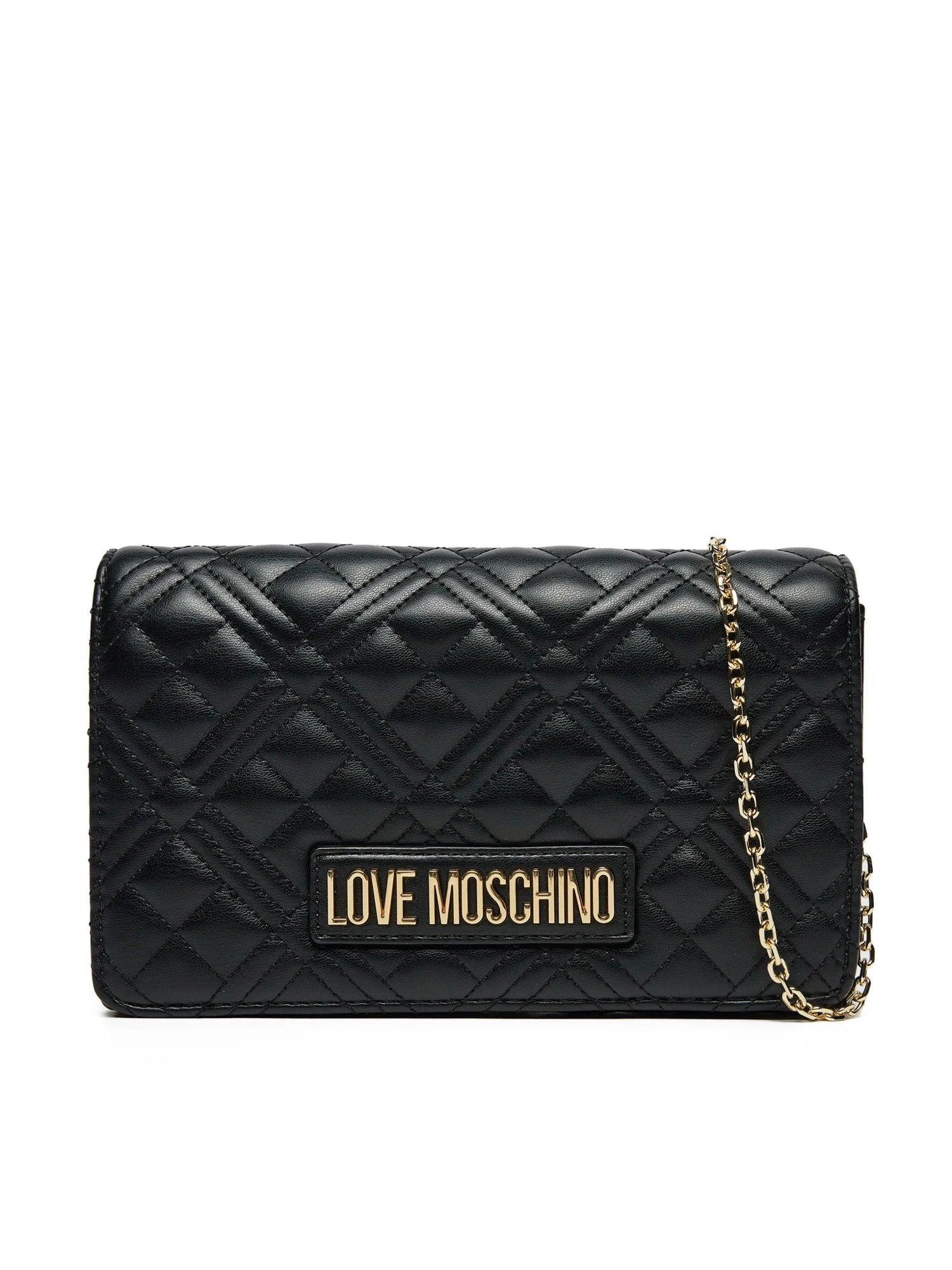 Clutch Donna Love Moschino Shiny Quilted Nera con Tracolla a Catena