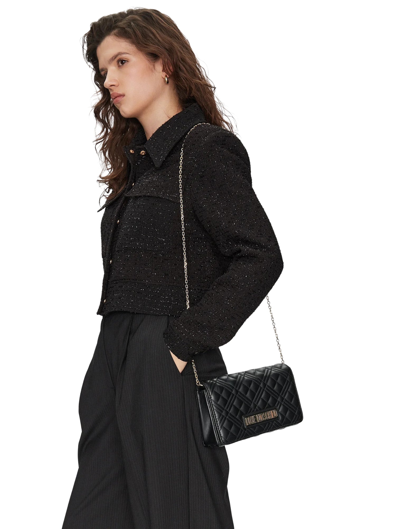Clutch Donna Love Moschino Shiny Quilted Nera con Tracolla a Catena