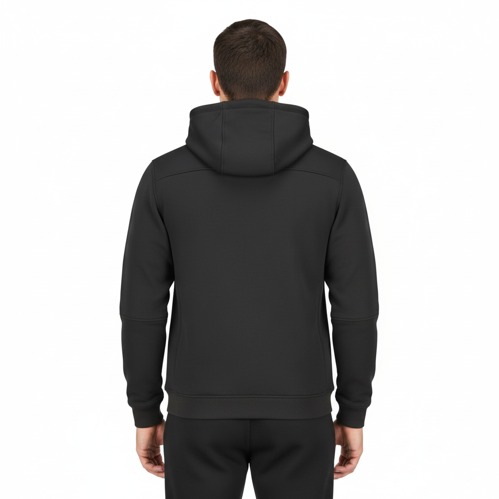 Modello con felpa K-Way vista posteriore