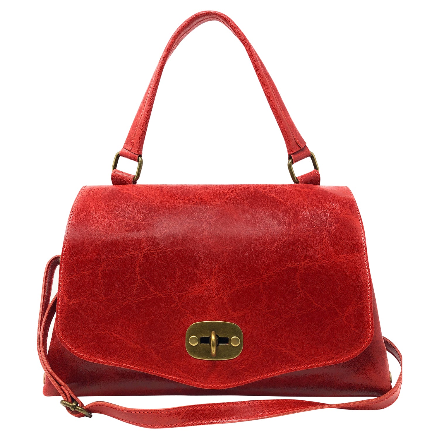 Borsa Donna a Mano con Tracolla, In Vera Pelle Laminata, Made in Italy, Modello Zoe Rosso