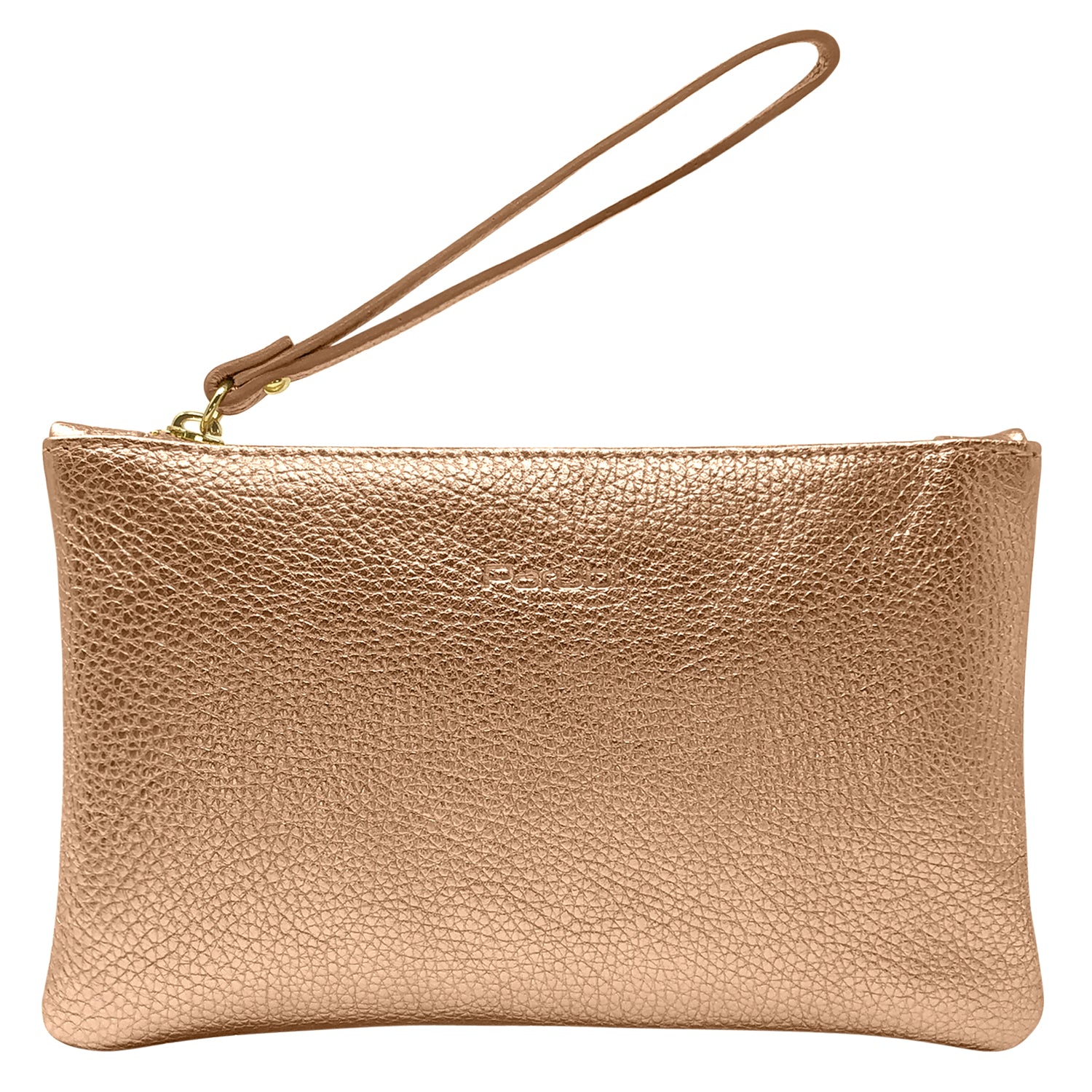 Pochette Donna a Mano, In Vera Pelle Laminata, Made in Italy, Modello Aura Oro Rosa
