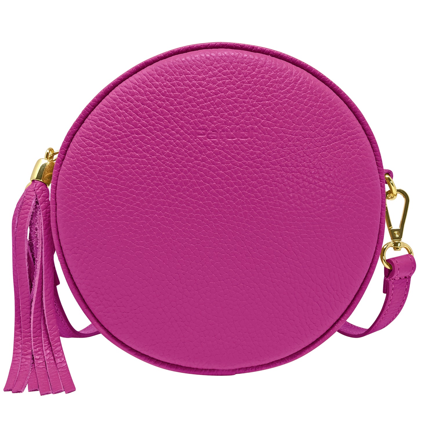 Borsa Donna a Tracolla Rotonda, In Vera Pelle, Made in Italy, Modello Dora Fucsia