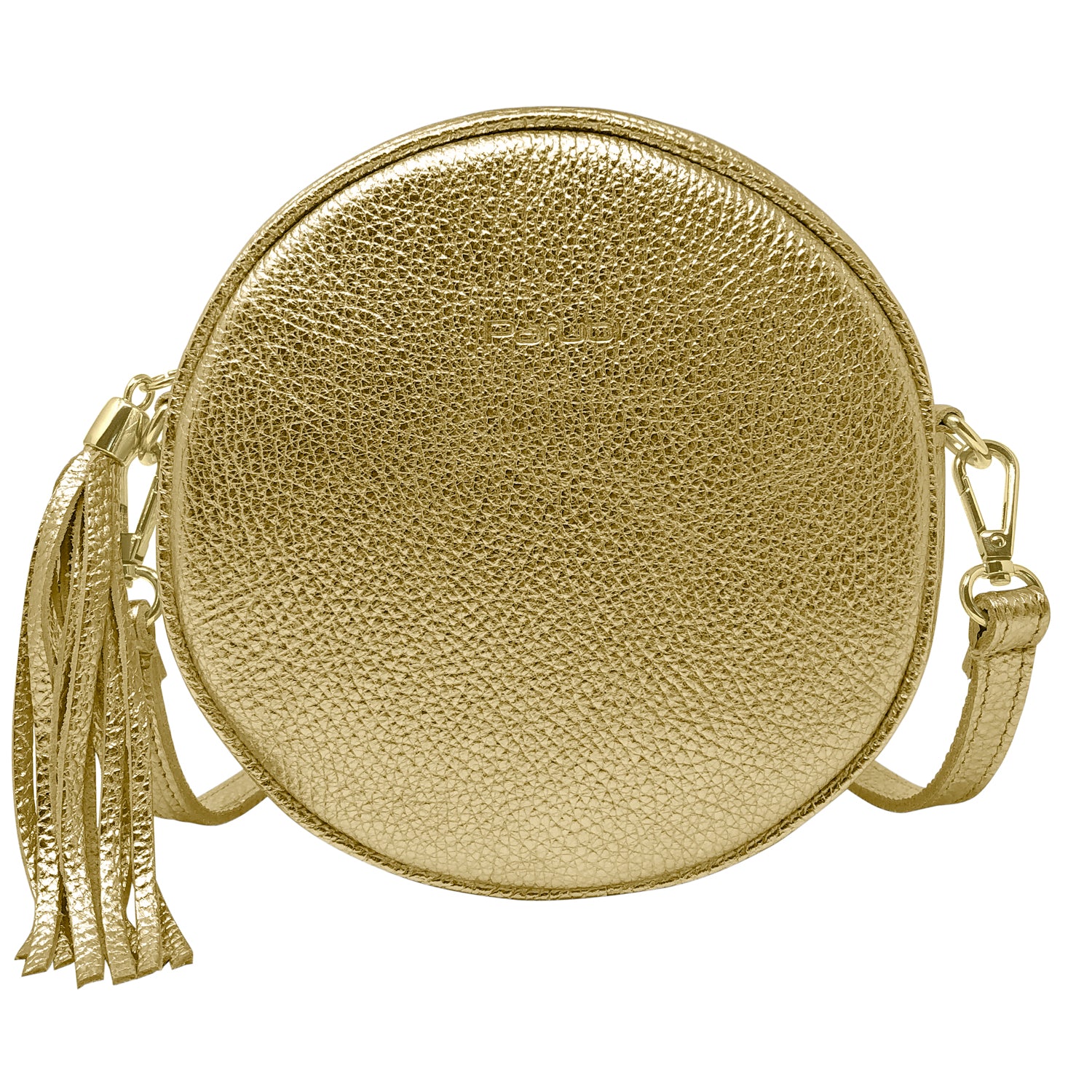 Borsa Donna a Tracolla Rotonda, In Vera Pelle Laminata, Made in Italy, Modello Dora Oro