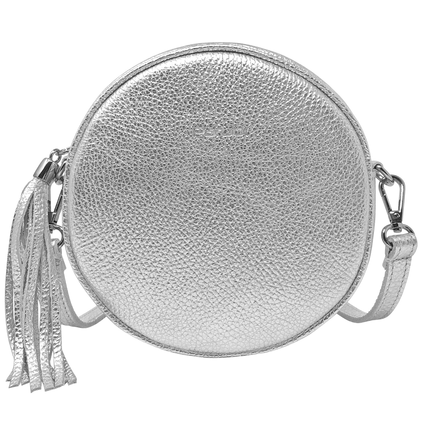 Borsa Donna a Tracolla Rotonda, In Vera Pelle Laminata, Made in Italy, Modello Dora Argento