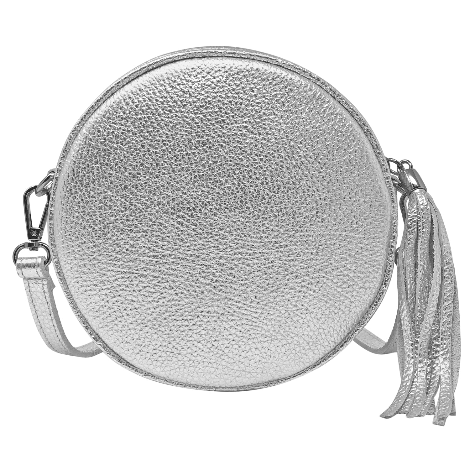 Borsa Donna a Tracolla Rotonda, In Vera Pelle Laminata, Made in Italy, Modello Dora