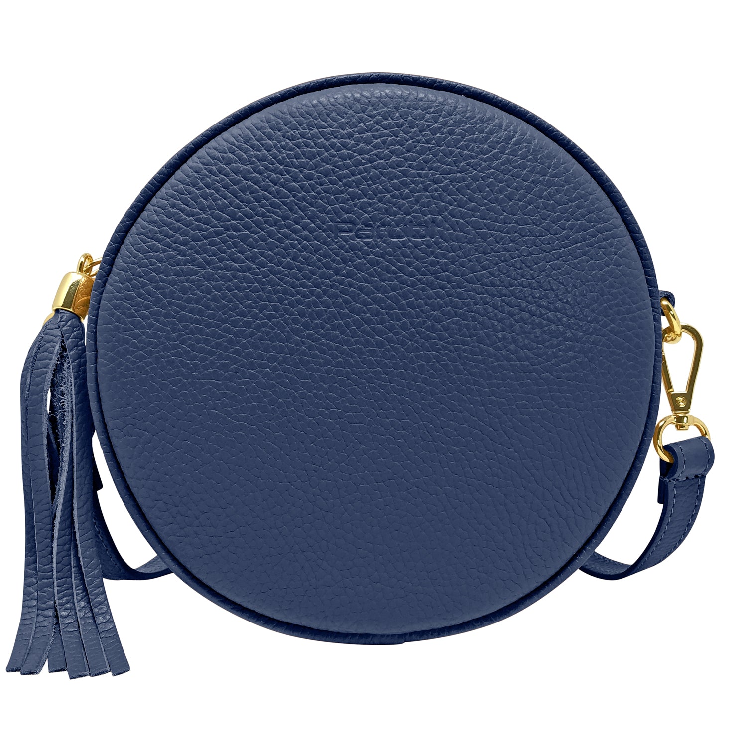 Borsa Donna a Tracolla Rotonda, In Vera Pelle, Made in Italy, Modello Dora Blu Jeans