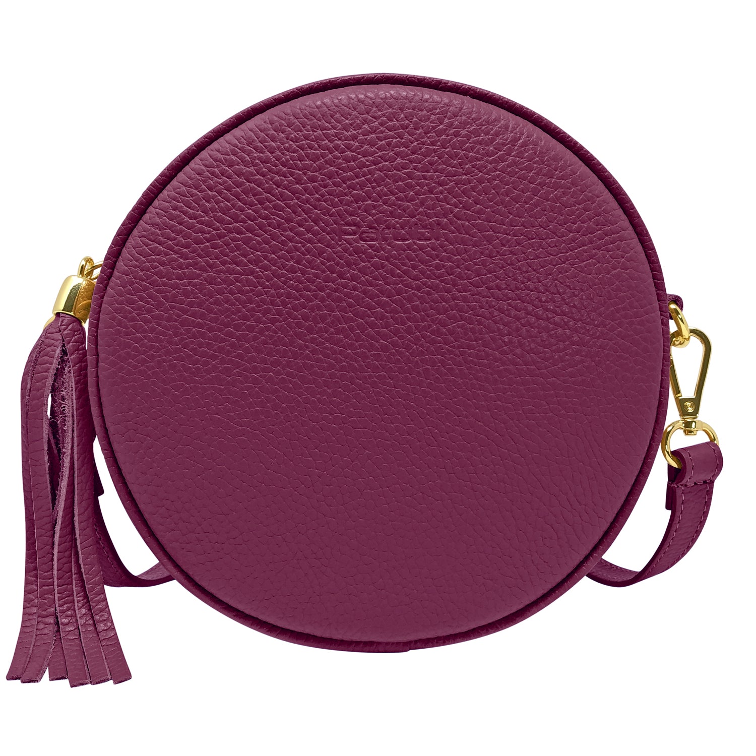 Borsa Donna a Tracolla Rotonda, In Vera Pelle, Made in Italy, Modello Dora Porpora