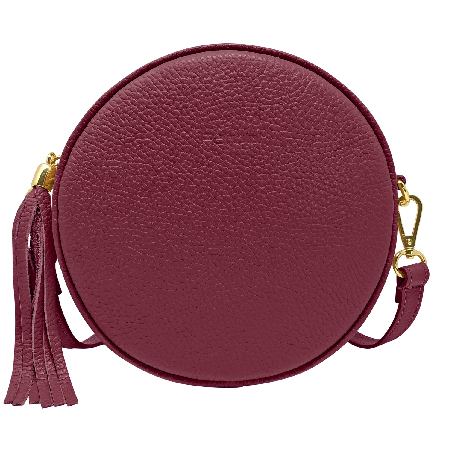 Borsa Donna a Tracolla Rotonda, In Vera Pelle, Made in Italy, Modello Dora Bordeaux