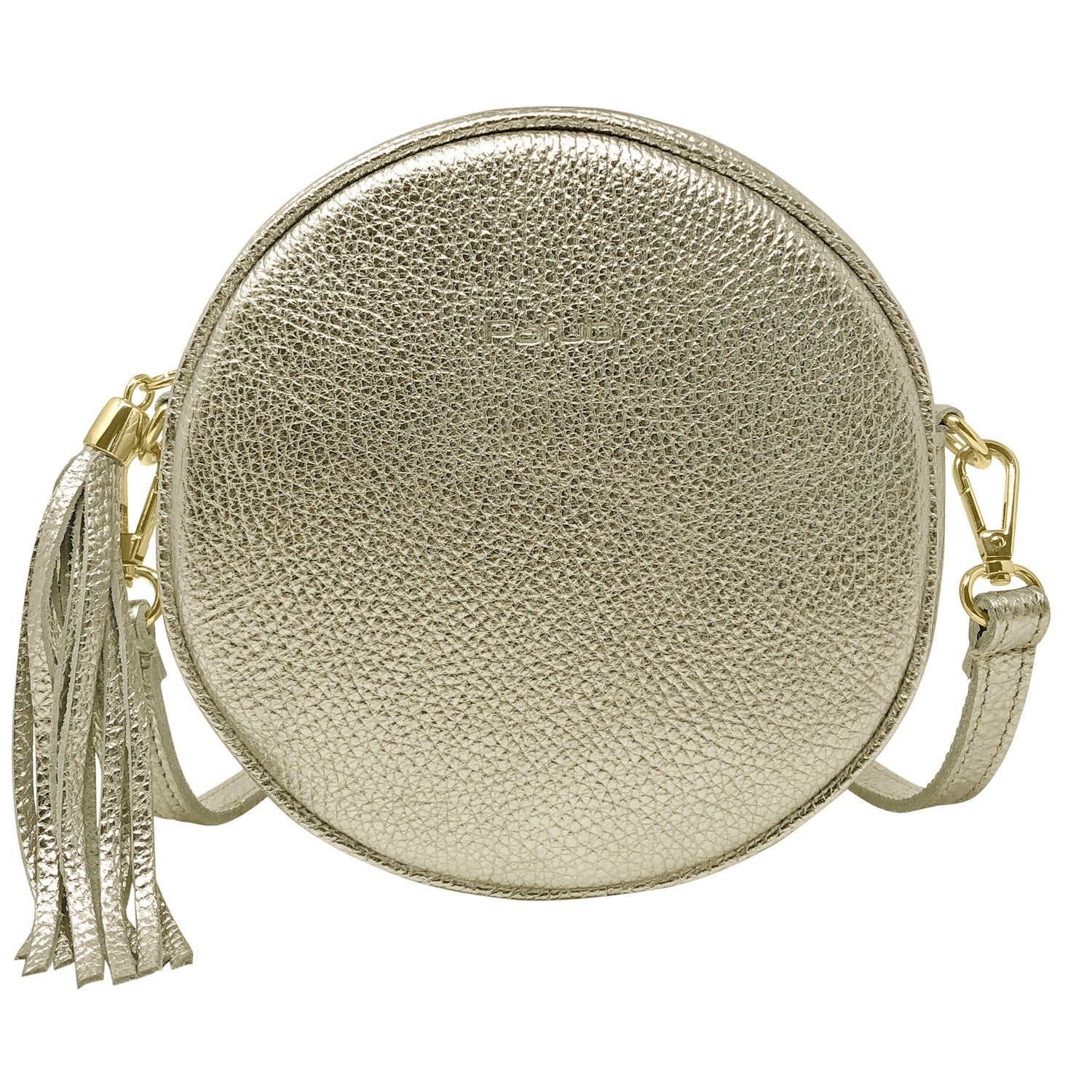 Borsa Donna a Tracolla Rotonda, In Vera Pelle Laminata, Made in Italy, Modello Dora Platino