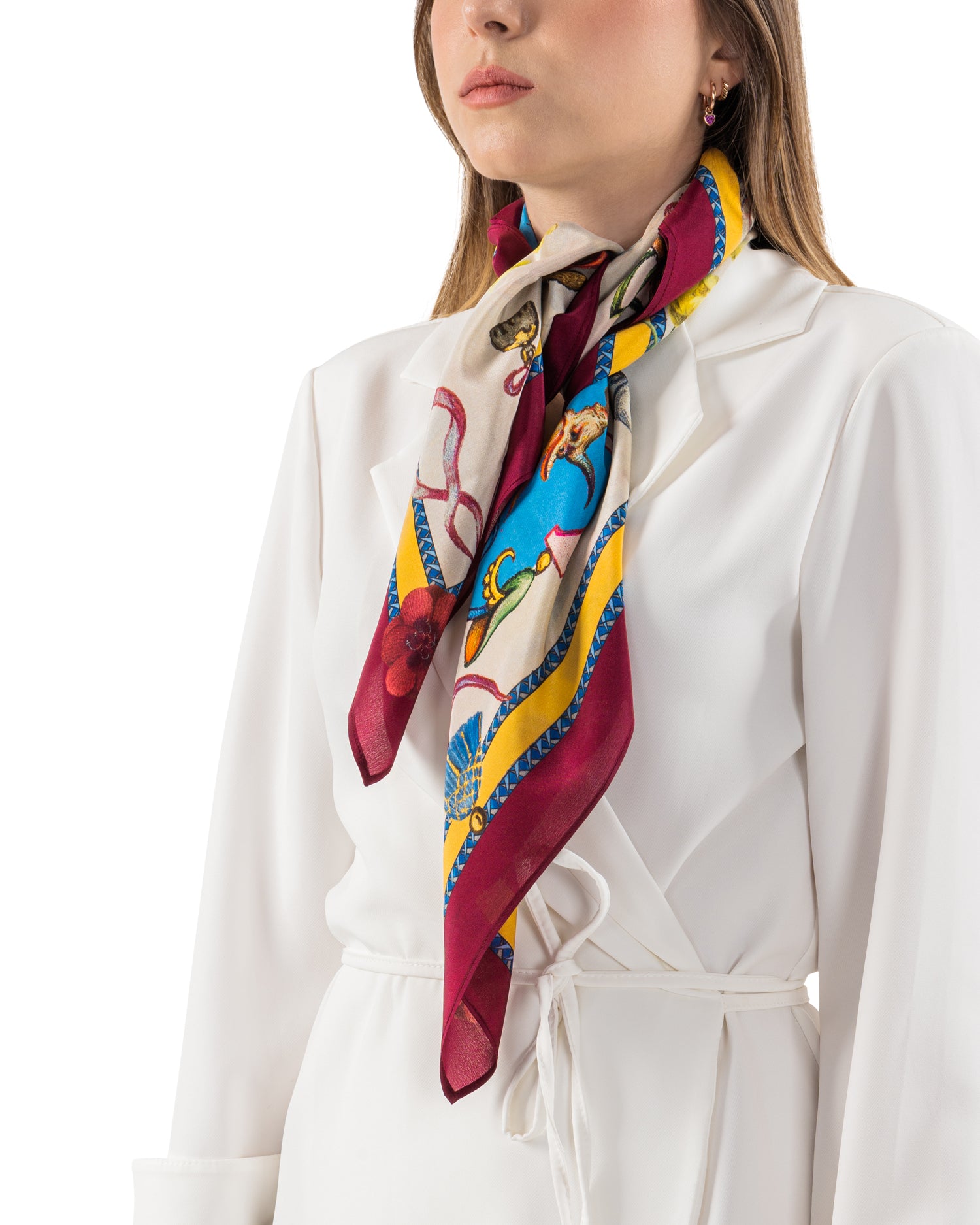 Foulard Donna, 100% Seta, Made in Italy, Quadrato 90x90, Stile Giardino