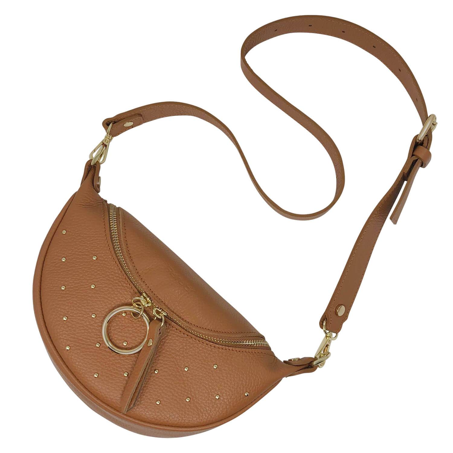 Marsupio da Donna con Tracolla, In Vera Pelle, Made In Italy, Modello Ingrid, Cuoio